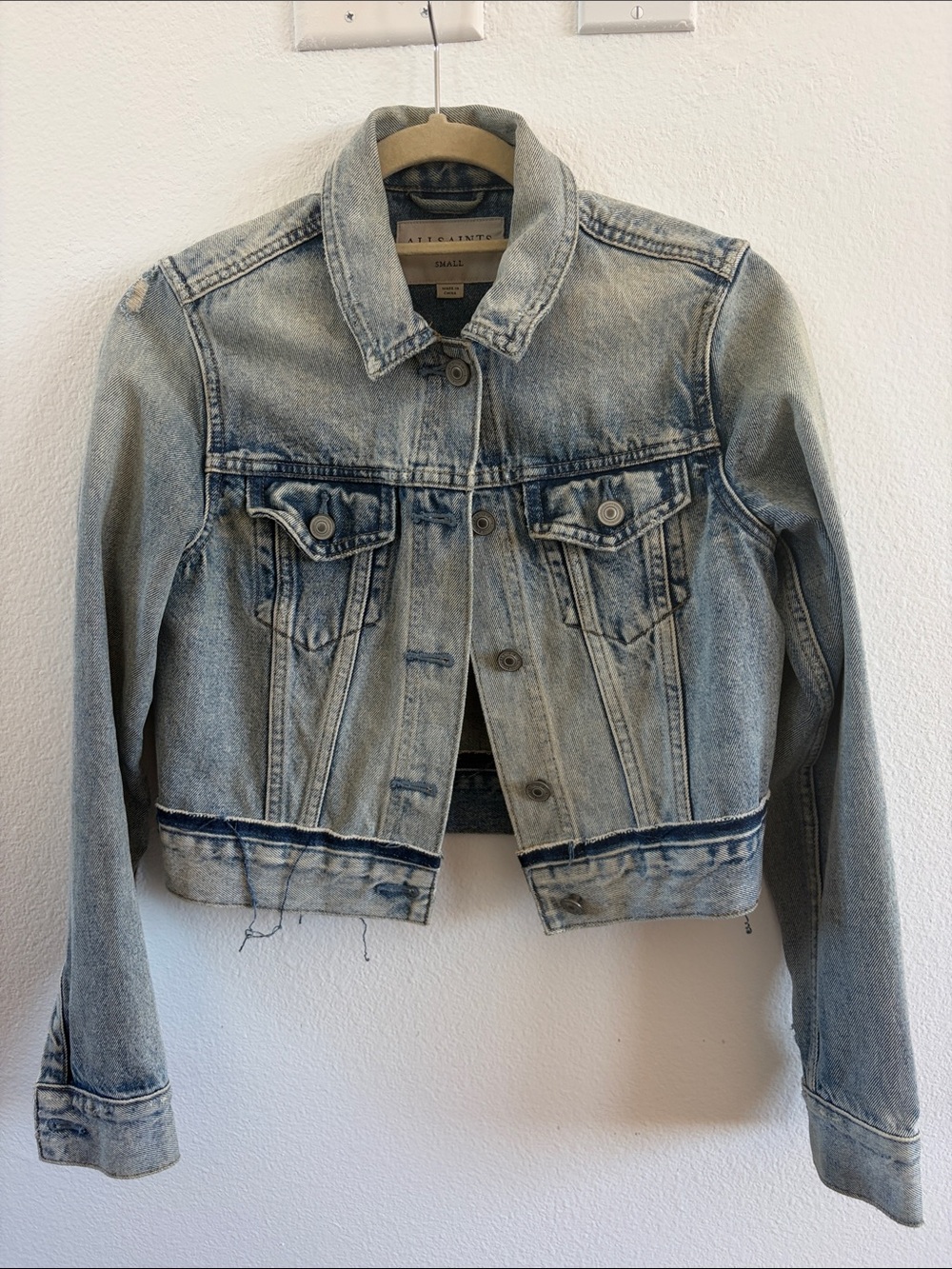All Saints Light Blue Cropped Denim Jacket with Raw Hem